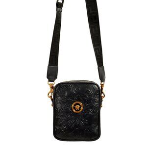 Versace Unisex Navy Blue Barocco Embossing Leather Crossbody Shoulder Bag